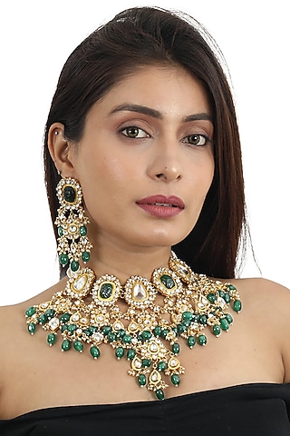 Gold Plated Green & White Jadtar Stone Bridal Necklace Set by Riana Jewellery