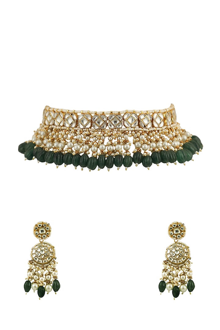Gold Plated Green Beaded Choker Necklace Set by Riana Jewellery at Pernia's Pop Up Shop