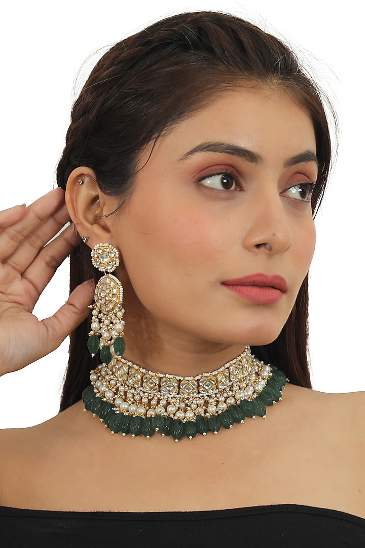 Gold Plated Green Beaded Choker Necklace Set by Riana Jewellery at Pernia's Pop Up Shop