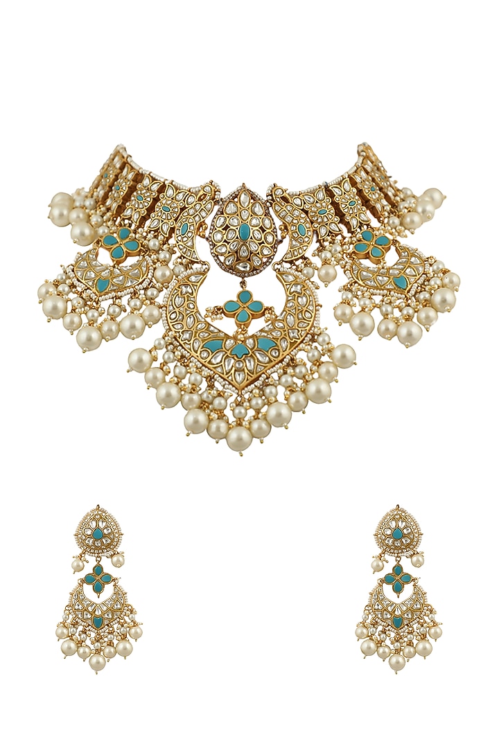 Gold Plated White & Firozi Jadtar Stone Necklace Set by Riana Jewellery at Pernia's Pop Up Shop