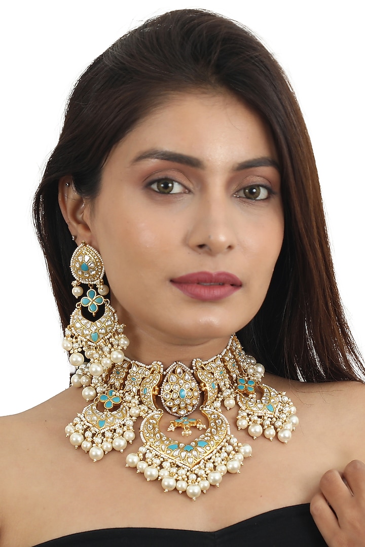 Gold Plated White & Firozi Jadtar Stone Necklace Set by Riana Jewellery at Pernia's Pop Up Shop