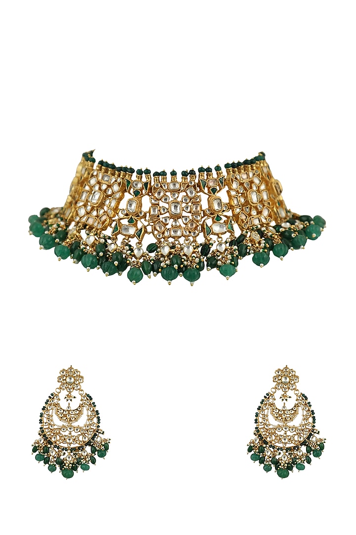 Gold Plated White Jadtar Stone Choker Necklace Set by Riana Jewellery at Pernia's Pop Up Shop