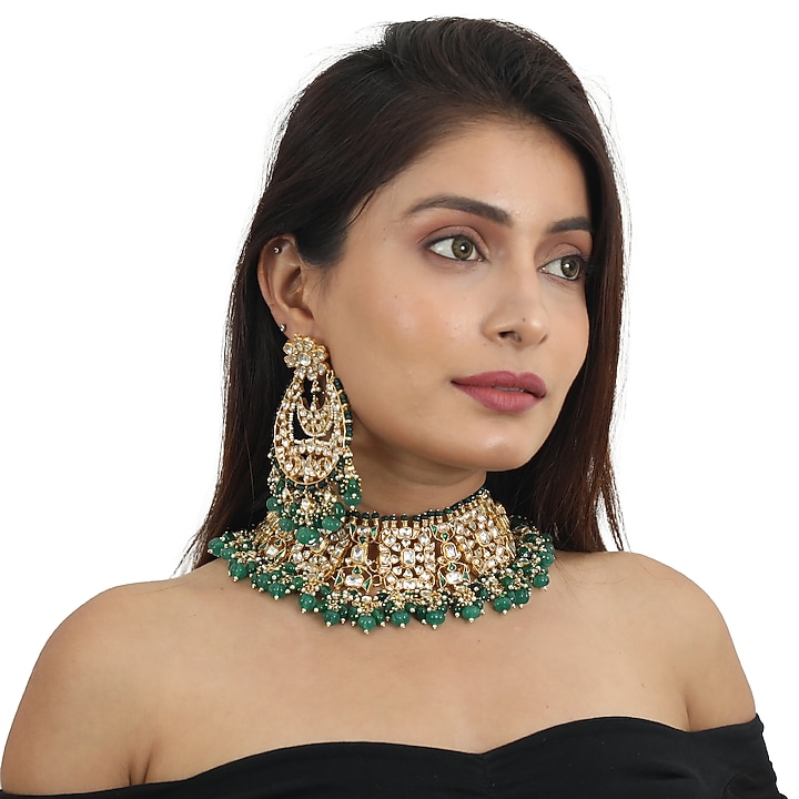 Gold Plated White Jadtar Stone Choker Necklace Set by Riana Jewellery at Pernia's Pop Up Shop