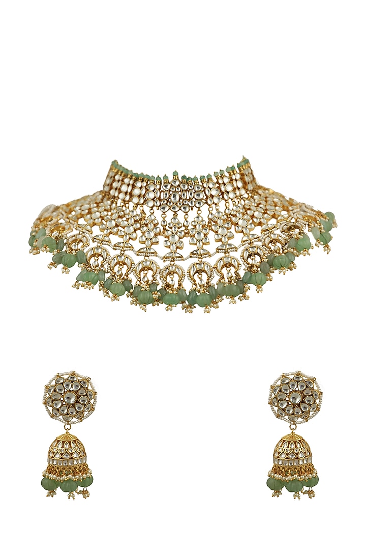 Gold Plated Green Beaded Bridal Necklace Set by Riana Jewellery at Pernia's Pop Up Shop