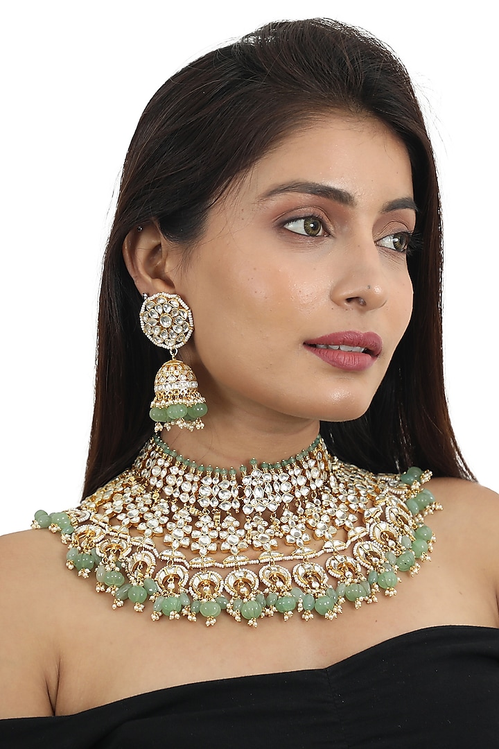 Gold Plated Green Beaded Bridal Necklace Set by Riana Jewellery