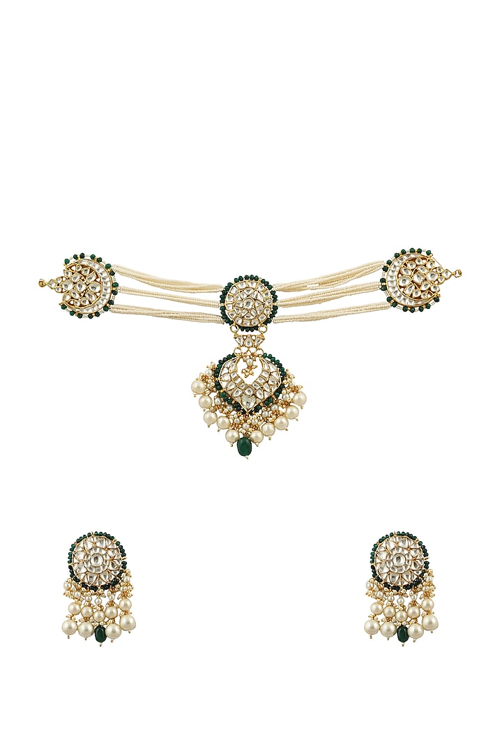 Gold Plated White & Green Jadtar Stone Choker Necklace Set by Riana Jewellery at Pernia's Pop Up Shop