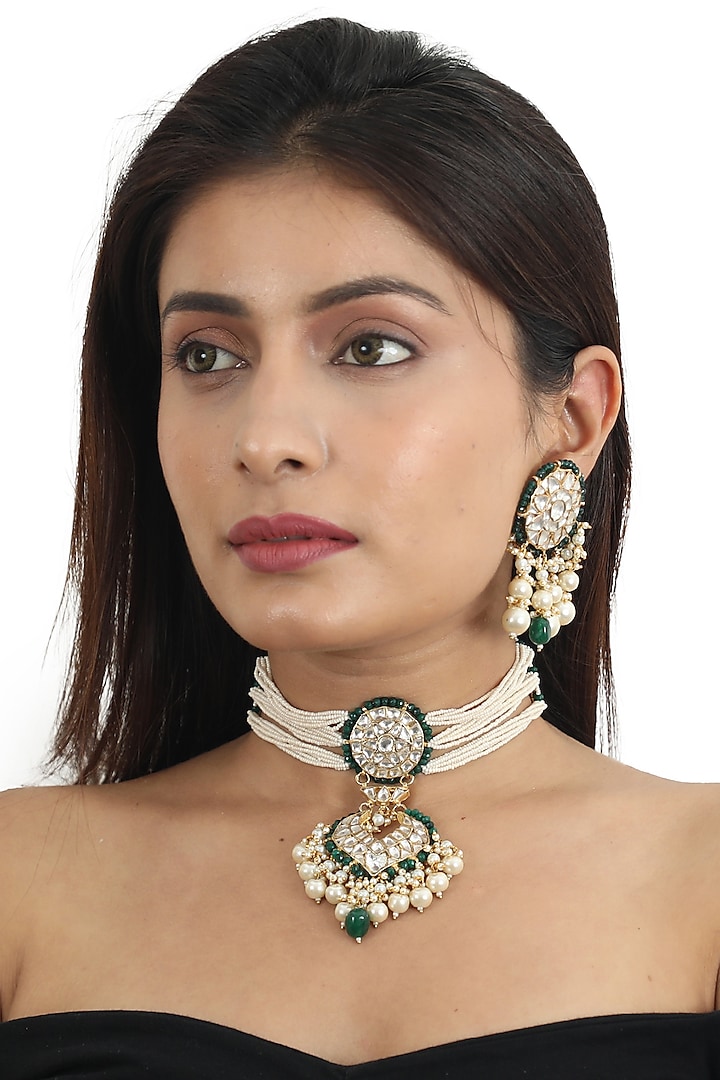 Gold Plated White & Green Jadtar Stone Choker Necklace Set by Riana Jewellery