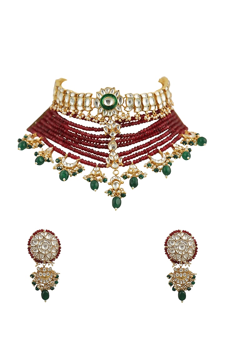 Gold Plated Red Beaded Choker Necklace Set by Riana Jewellery at Pernia's Pop Up Shop