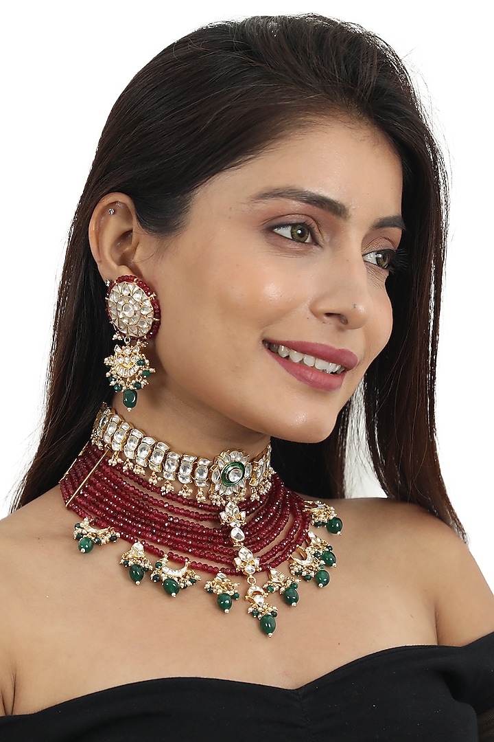 Gold Plated Red Beaded Choker Necklace Set by Riana Jewellery