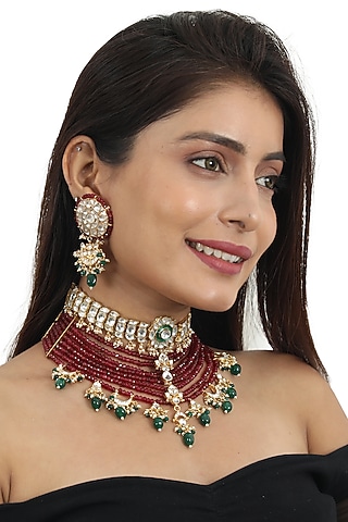 Gold Plated Red Beaded Choker Necklace Set by Riana Jewellery