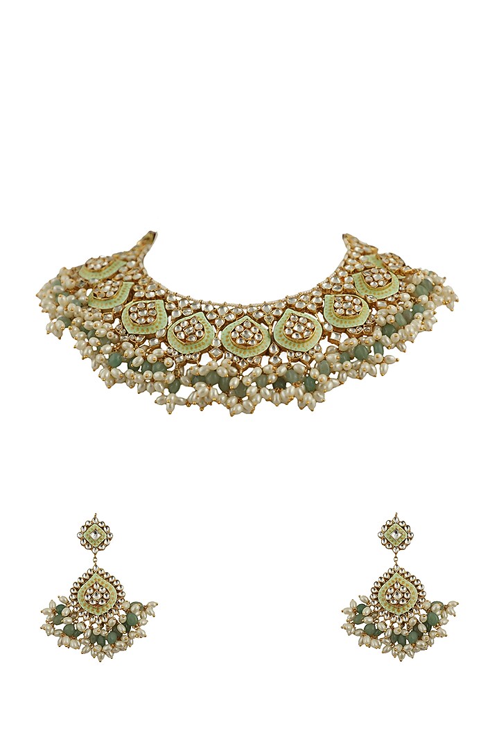 Gold Plated Pista Meenakari Necklace Set by Riana Jewellery at Pernia's Pop Up Shop