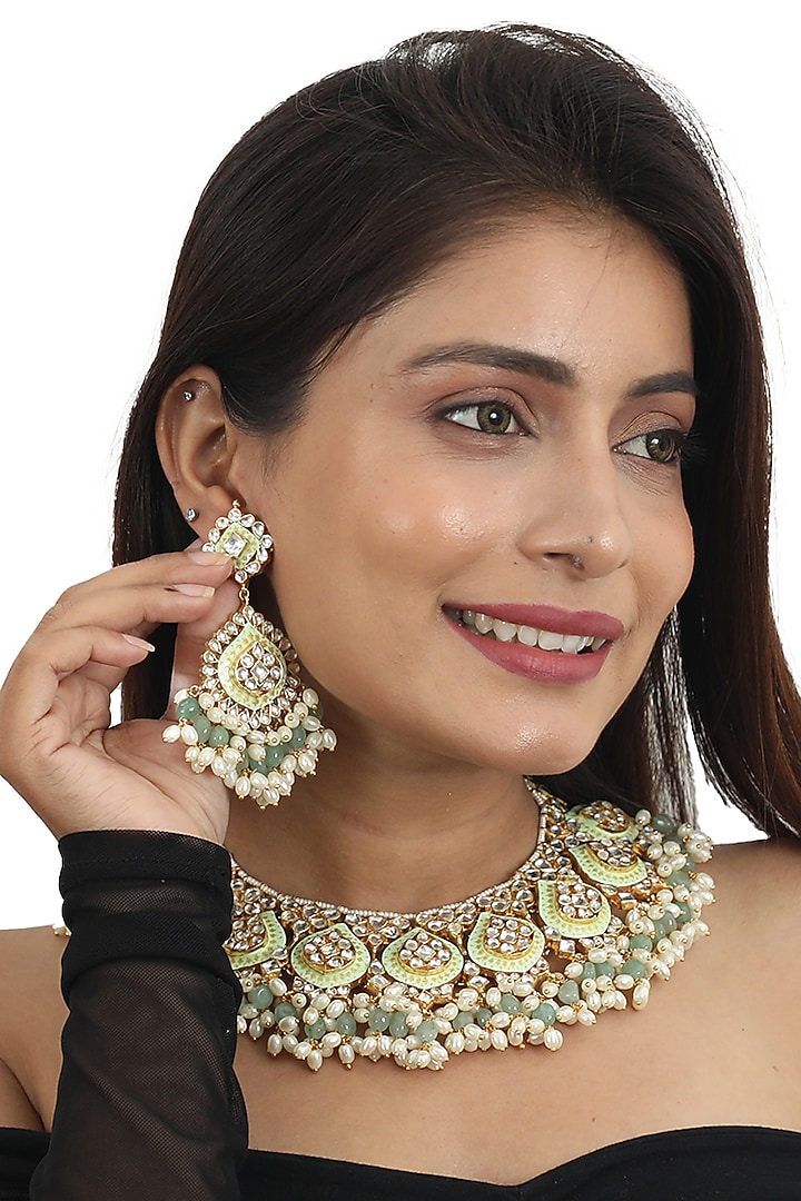 Gold Plated Pista Meenakari Necklace Set by Riana Jewellery at Pernia's Pop Up Shop