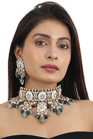 Gold Plated Firozi Meenakari Necklace Set by Riana Jewellery