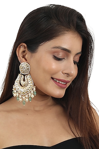 Gold Plated Jadtar Stone Dangler Earrings by Riana Jewellery