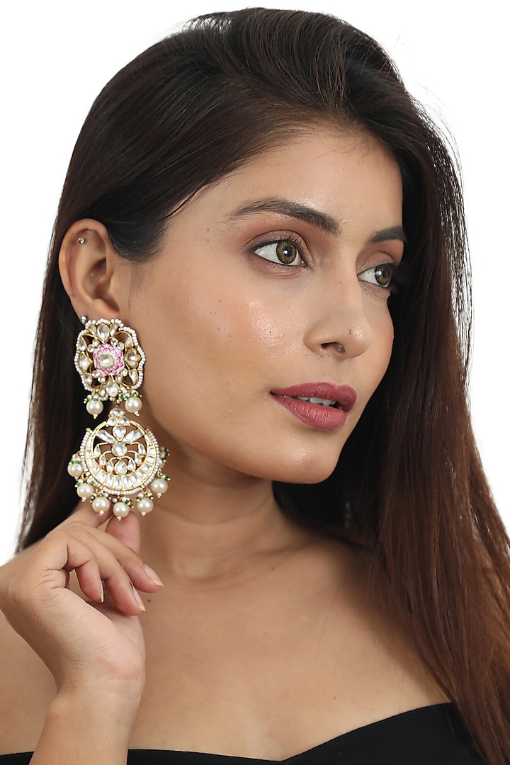 Gold Plated Pearl Meenakari Dangler Earrings by Riana Jewellery at Pernia's Pop Up Shop