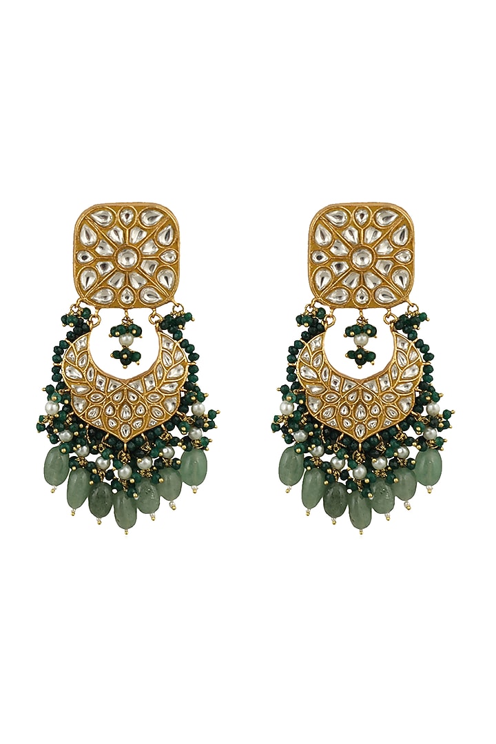 Gold Plated Jadtar Stone & Beaded Dangler Earrings by Riana Jewellery at Pernia's Pop Up Shop