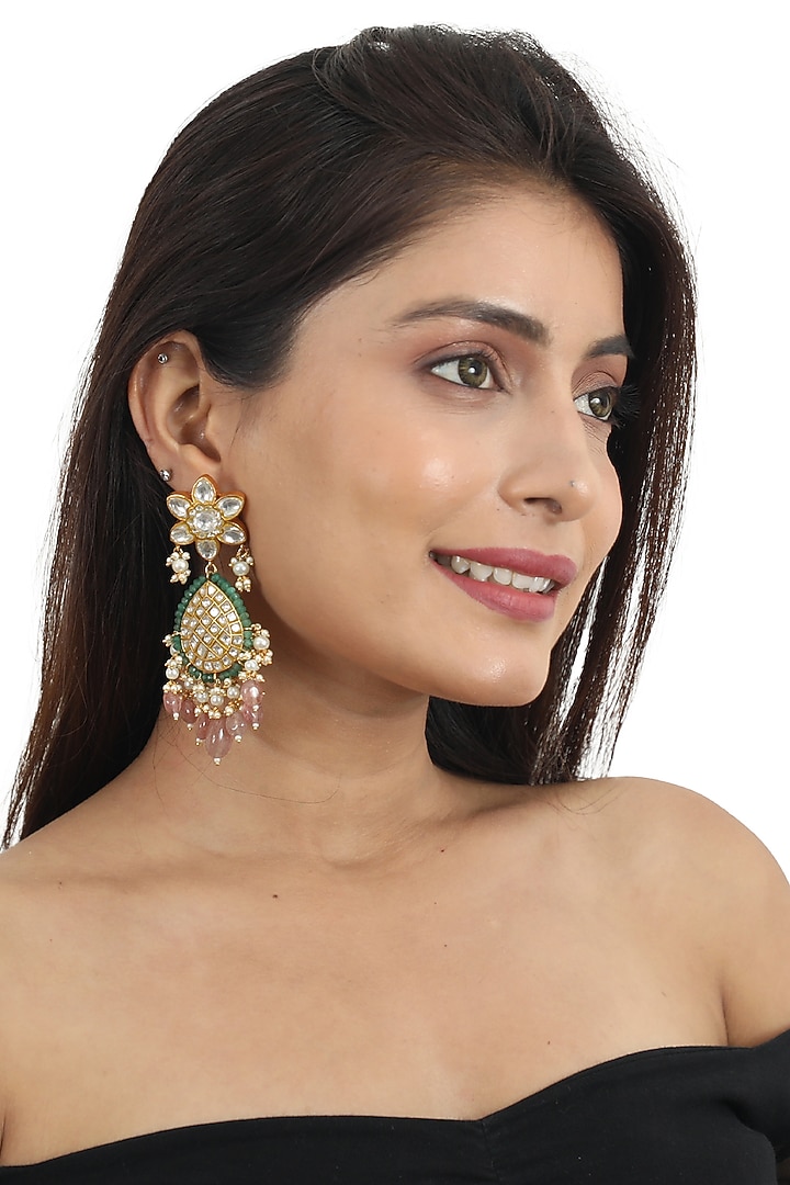 Gold Plated Pastel Pink Beaded Dangler Earrings by Riana Jewellery at Pernia's Pop Up Shop