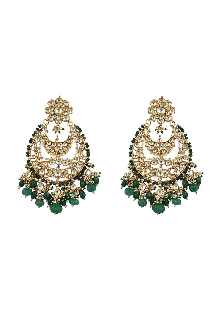 Gold Plated Green Beaded Chandbaali Earrings by Riana Jewellery at Pernia's Pop Up Shop
