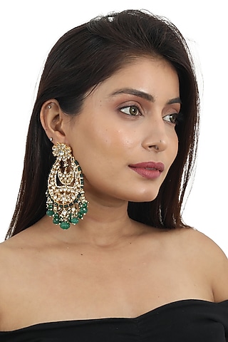 Gold Plated Green Beaded Chandbaali Earrings by Riana Jewellery