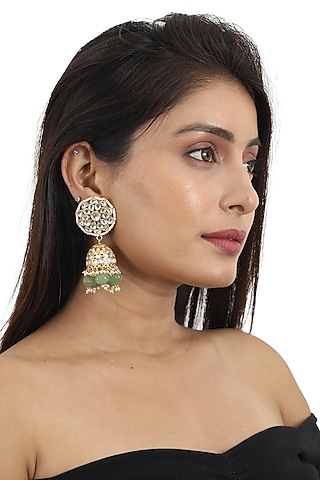Gold Plated Sea Green Beaded Jhumka Earrings by Riana Jewellery
