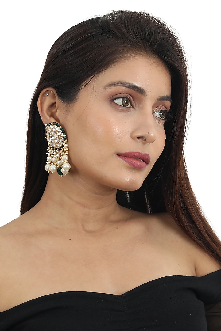 Gold Plated Green Bead & Pearl Stud Earrings by Riana Jewellery at Pernia's Pop Up Shop