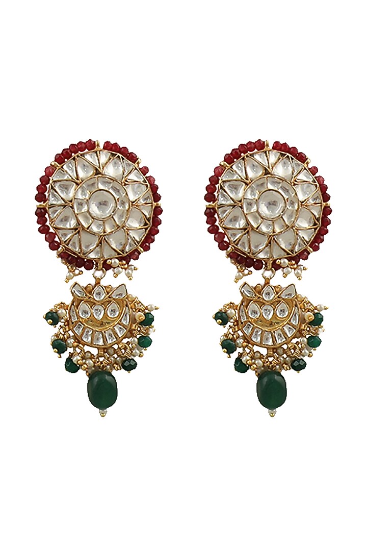 Gold Plated Jadtar Stone & Green Beaded Dangler Earrings by Riana Jewellery at Pernia's Pop Up Shop