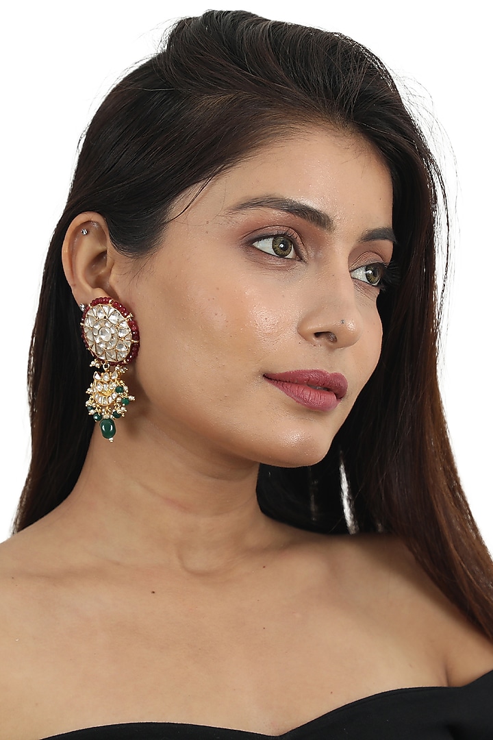 Gold Plated Jadtar Stone & Green Beaded Dangler Earrings by Riana Jewellery at Pernia's Pop Up Shop