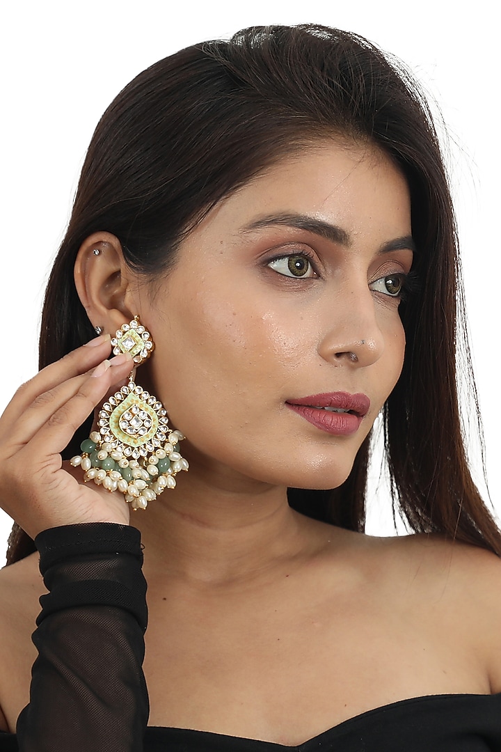 Gold Plated Sea Green Beaded Meenakari Dangler Earrings by Riana Jewellery at Pernia's Pop Up Shop