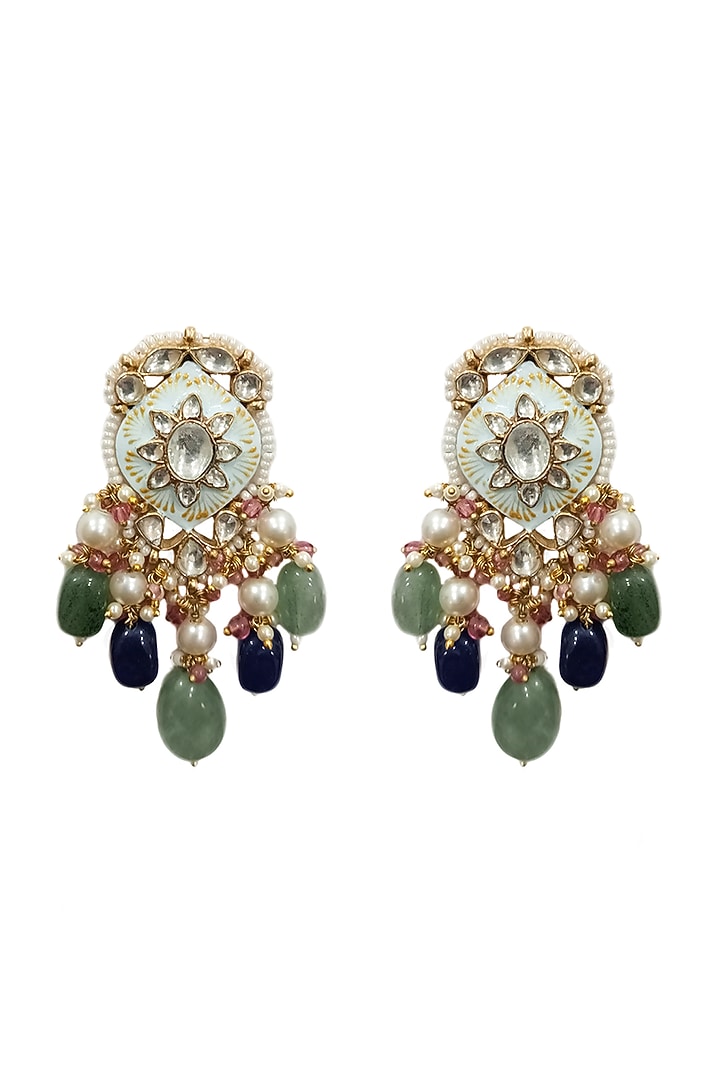 Gold Plated Blue Beaded Meenakari Dangler Earrings by Riana Jewellery at Pernia's Pop Up Shop