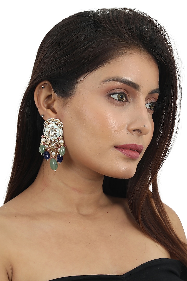 Gold Plated Blue Beaded Meenakari Dangler Earrings by Riana Jewellery at Pernia's Pop Up Shop