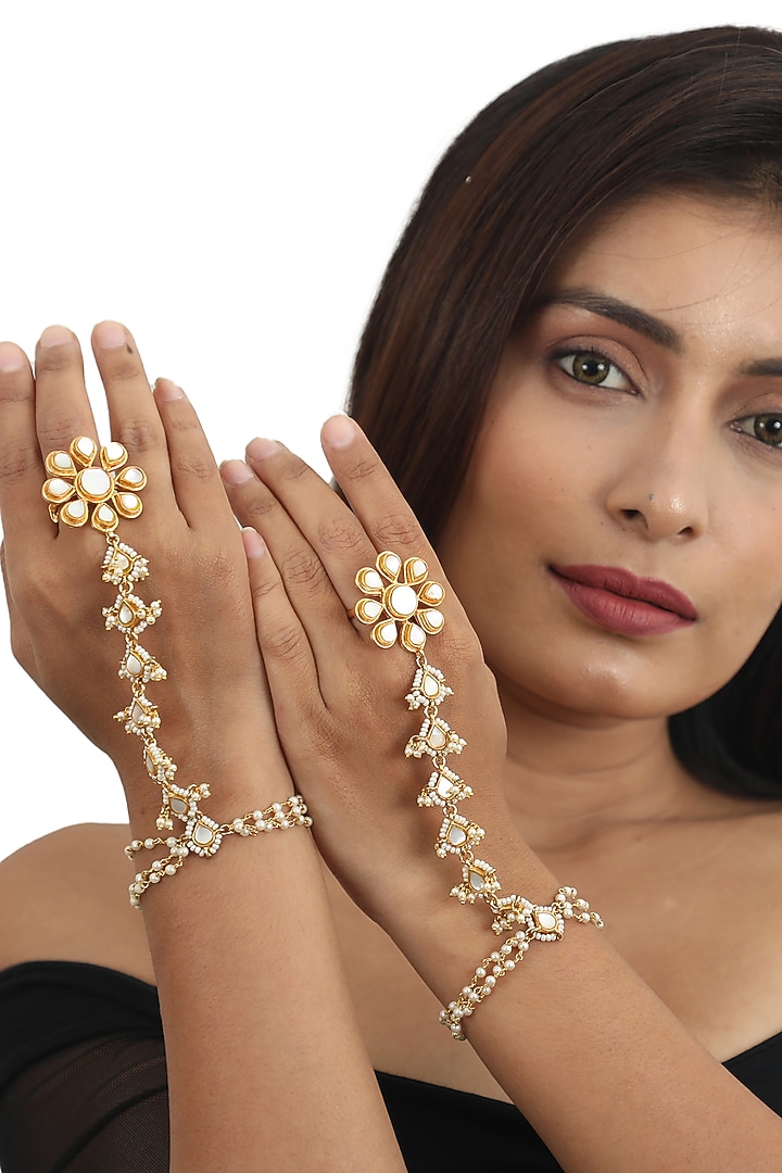 Gold Plated Mother Of Pearl Haathphools (Set of 2) by Riana Jewellery at Pernia's Pop Up Shop