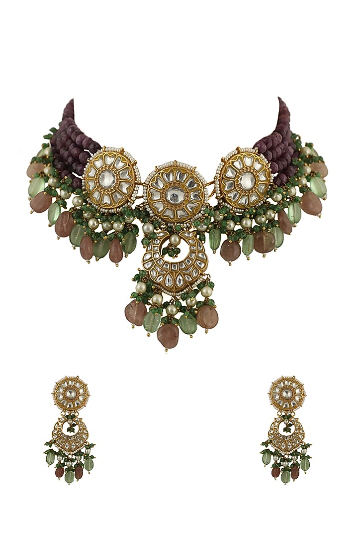 Gold Plated Purple Moti Choker Necklace Set by Riana Jewellery at Pernia's Pop Up Shop