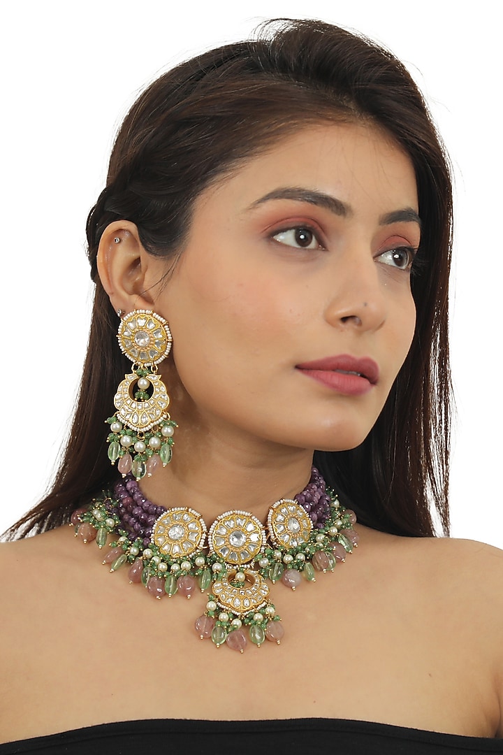 Gold Plated Purple Moti Choker Necklace Set by Riana Jewellery at Pernia's Pop Up Shop