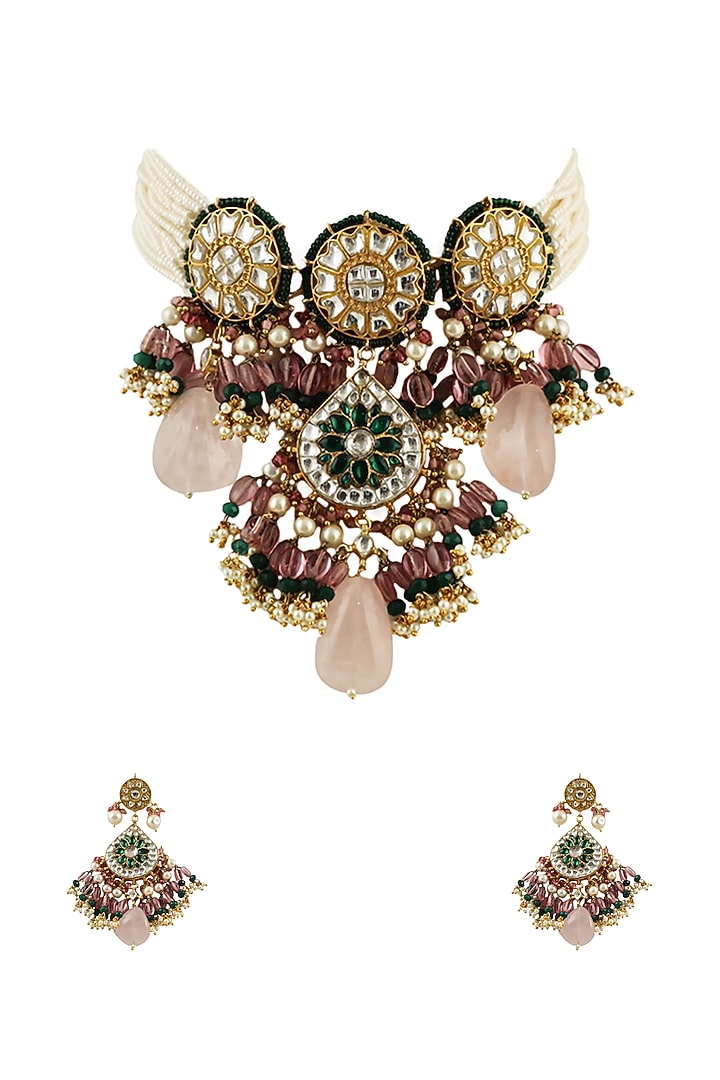 Gold Plated Green Stone & Moti Choker Necklace Set by Riana Jewellery at Pernia's Pop Up Shop