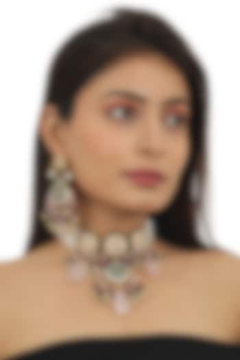 Gold Plated Green Stone & Moti Choker Necklace Set by Riana Jewellery at Pernia's Pop Up Shop