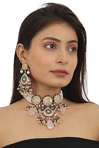 Gold Plated Green Stone & Moti Choker Necklace Set by Riana Jewellery