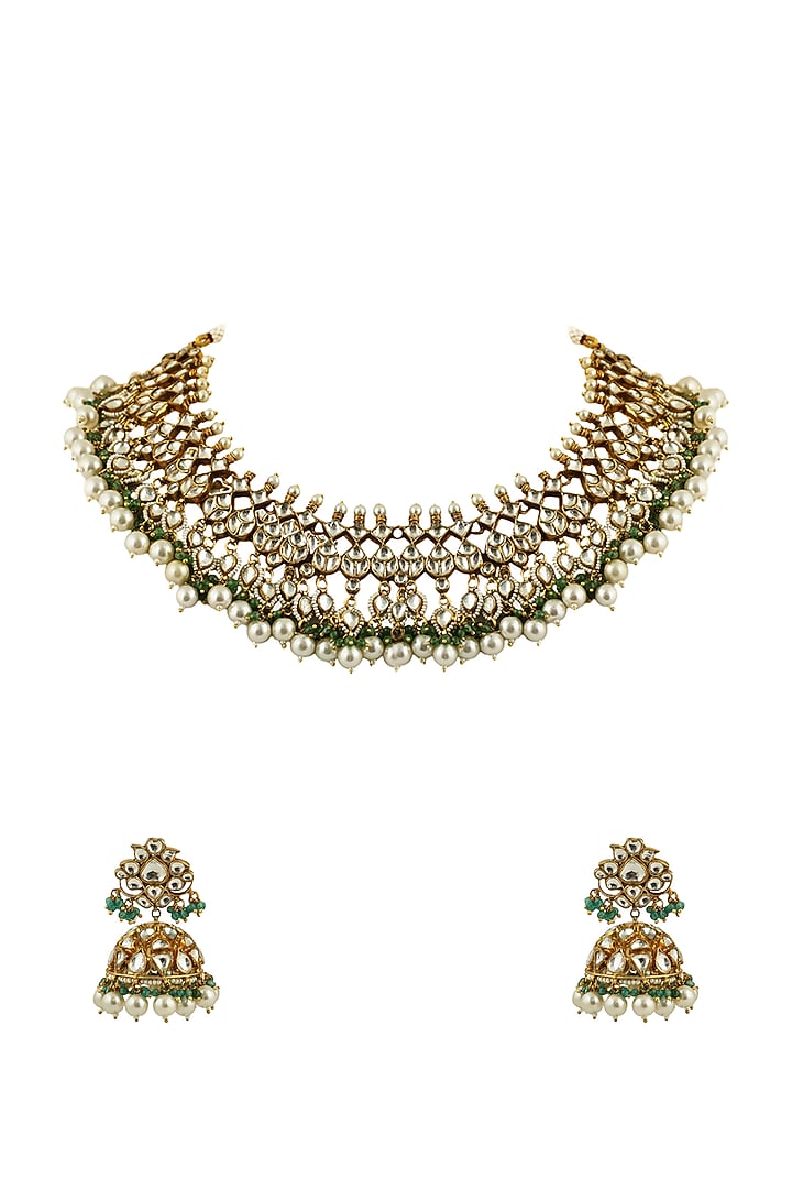 Gold Plated Stone Choker Necklace Set by Riana Jewellery at Pernia's Pop Up Shop