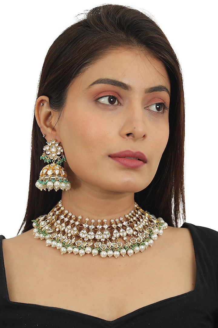 Gold Plated Stone Choker Necklace Set by Riana Jewellery at Pernia's Pop Up Shop