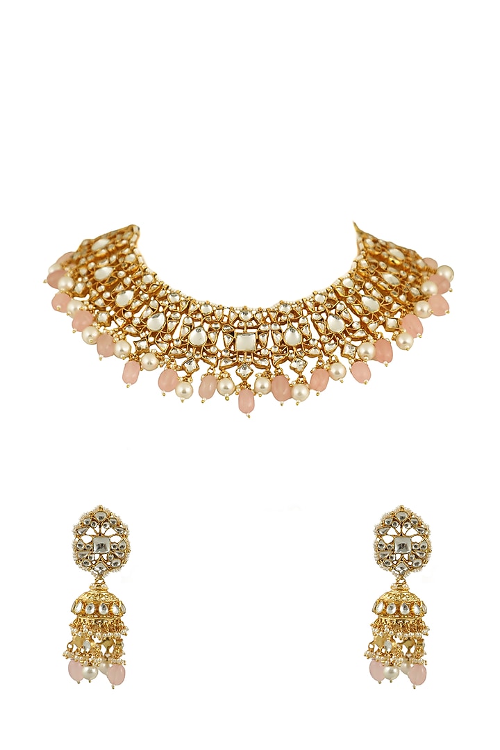 Gold Plated Light Pink Beaded Choker Necklace Set by Riana Jewellery at Pernia's Pop Up Shop