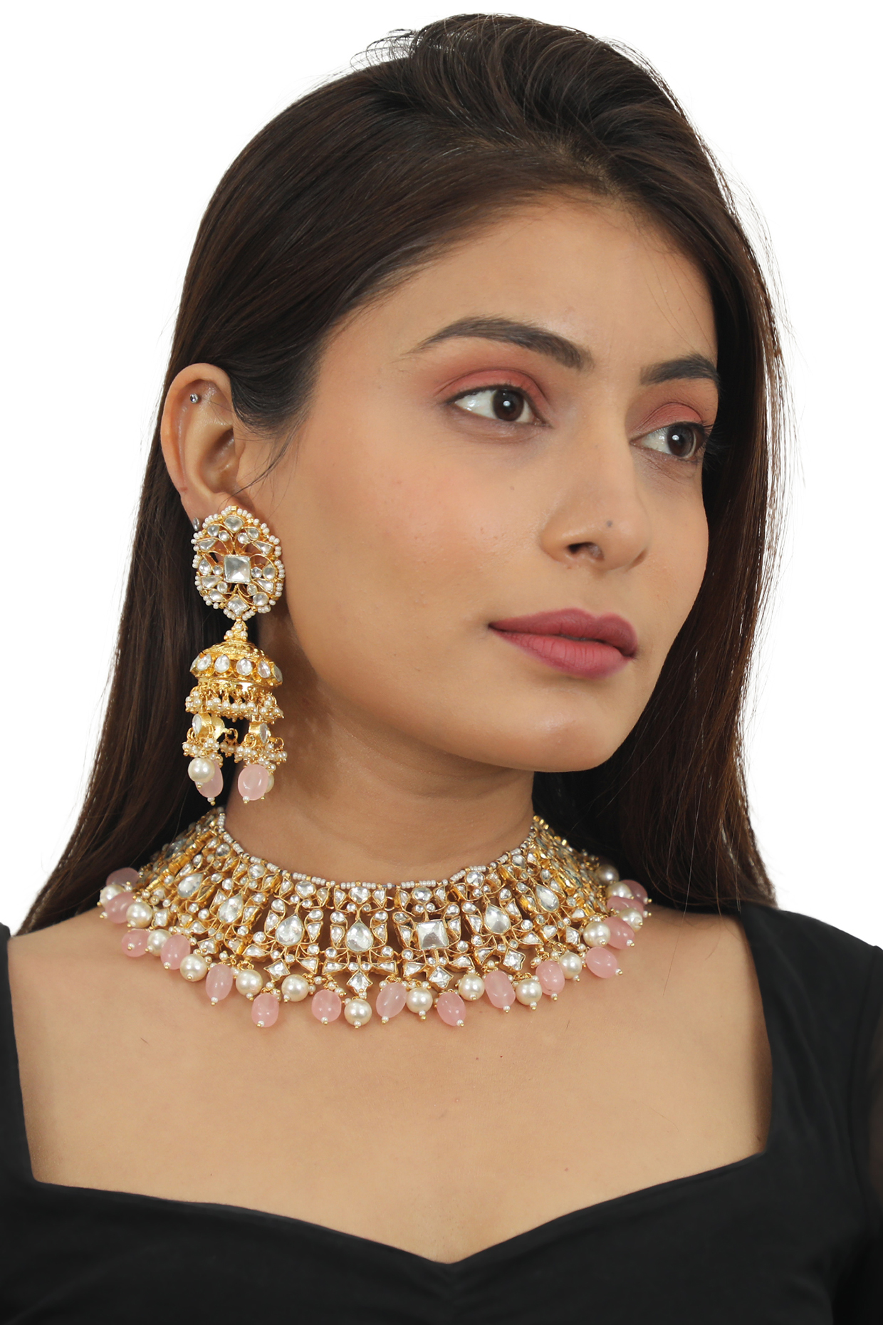 Gold Plated Light Pink Beaded Choker Necklace Set by Riana Jewellery at Pernia's Pop Up Shop