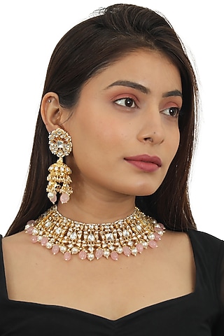 Gold Plated Light Pink Beaded Choker Necklace Set by Riana Jewellery