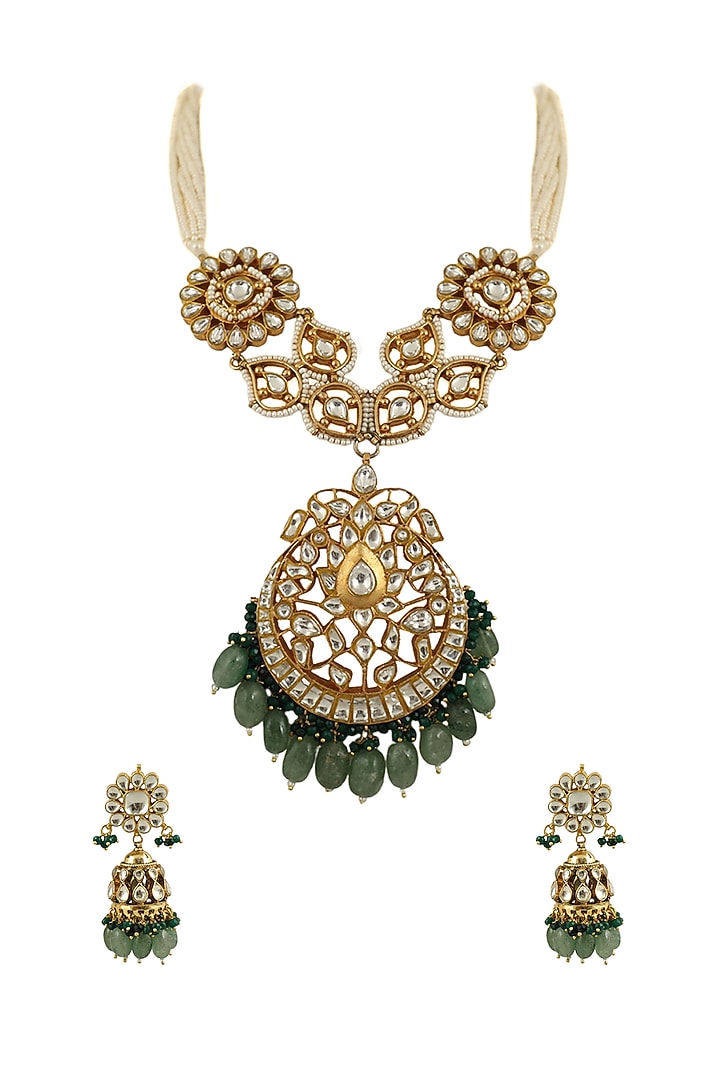 Gold Plated Sea Green Beaded Long Necklace Set by Riana Jewellery at Pernia's Pop Up Shop