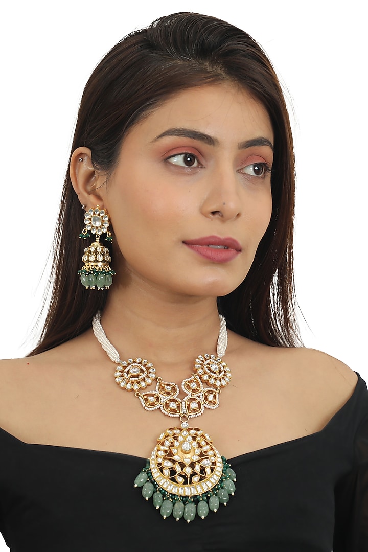 Gold Plated Sea Green Beaded Long Necklace Set by Riana Jewellery at Pernia's Pop Up Shop