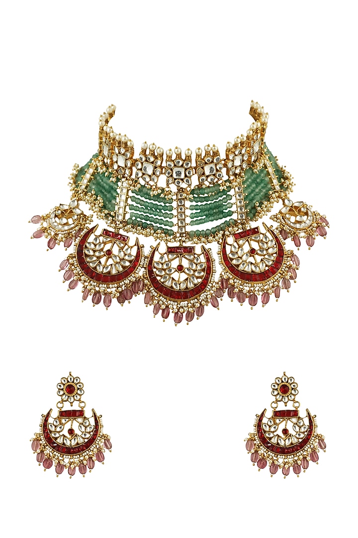 Gold Plated Red & Sea Green Jadtar Choker Necklace Set by Riana Jewellery at Pernia's Pop Up Shop