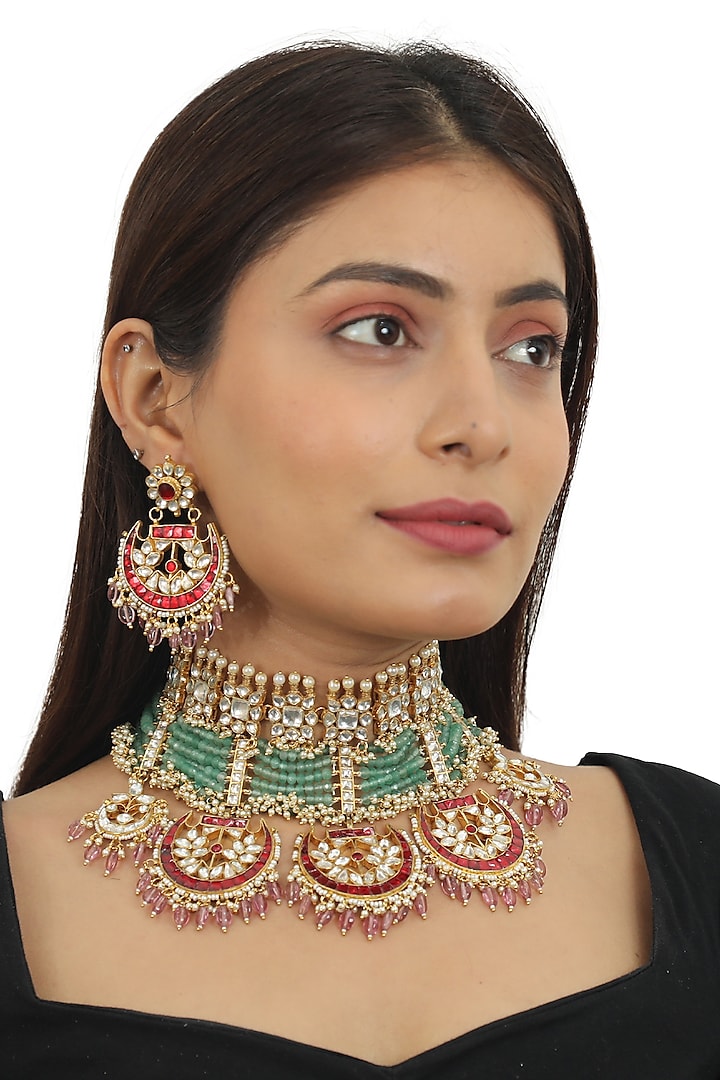 Gold Plated Red & Sea Green Jadtar Choker Necklace Set by Riana Jewellery