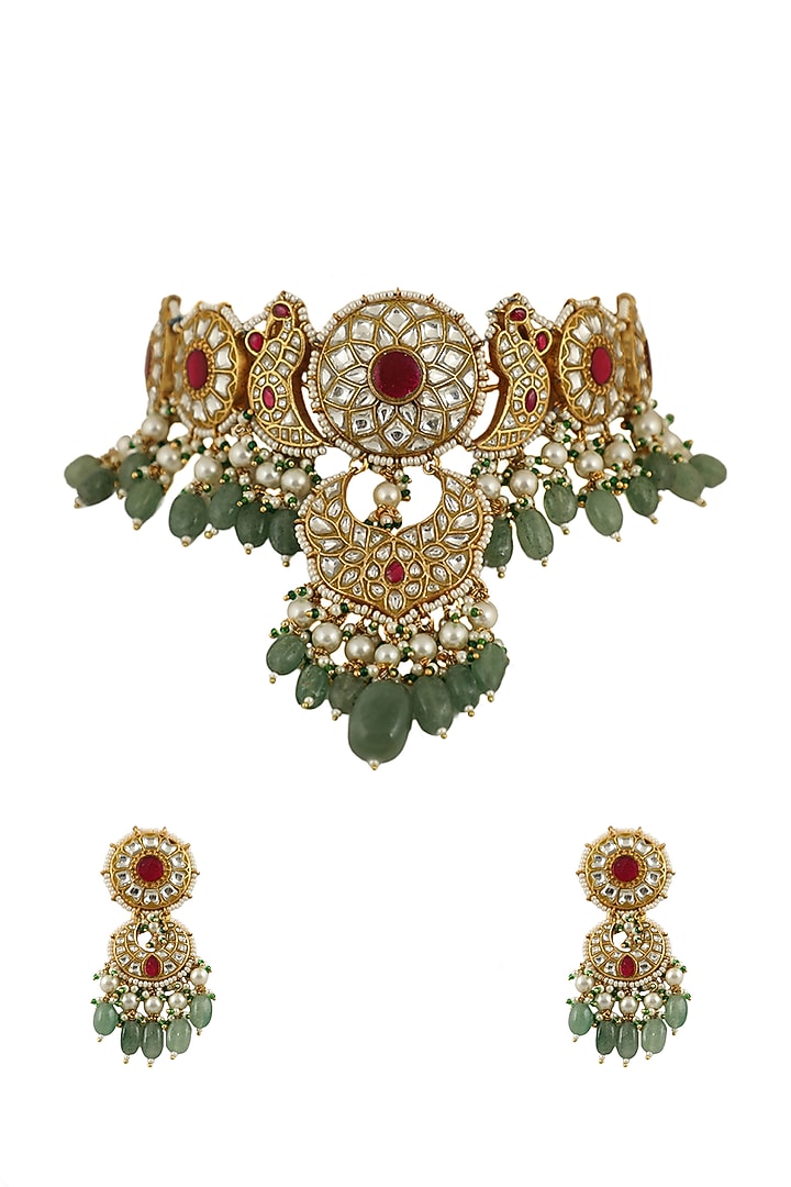Gold Plated Pink & White Stone Choker Necklace Set by Riana Jewellery at Pernia's Pop Up Shop