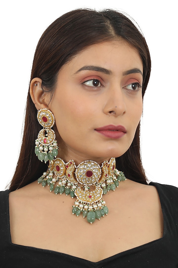 Gold Plated Pink & White Stone Choker Necklace Set by Riana Jewellery