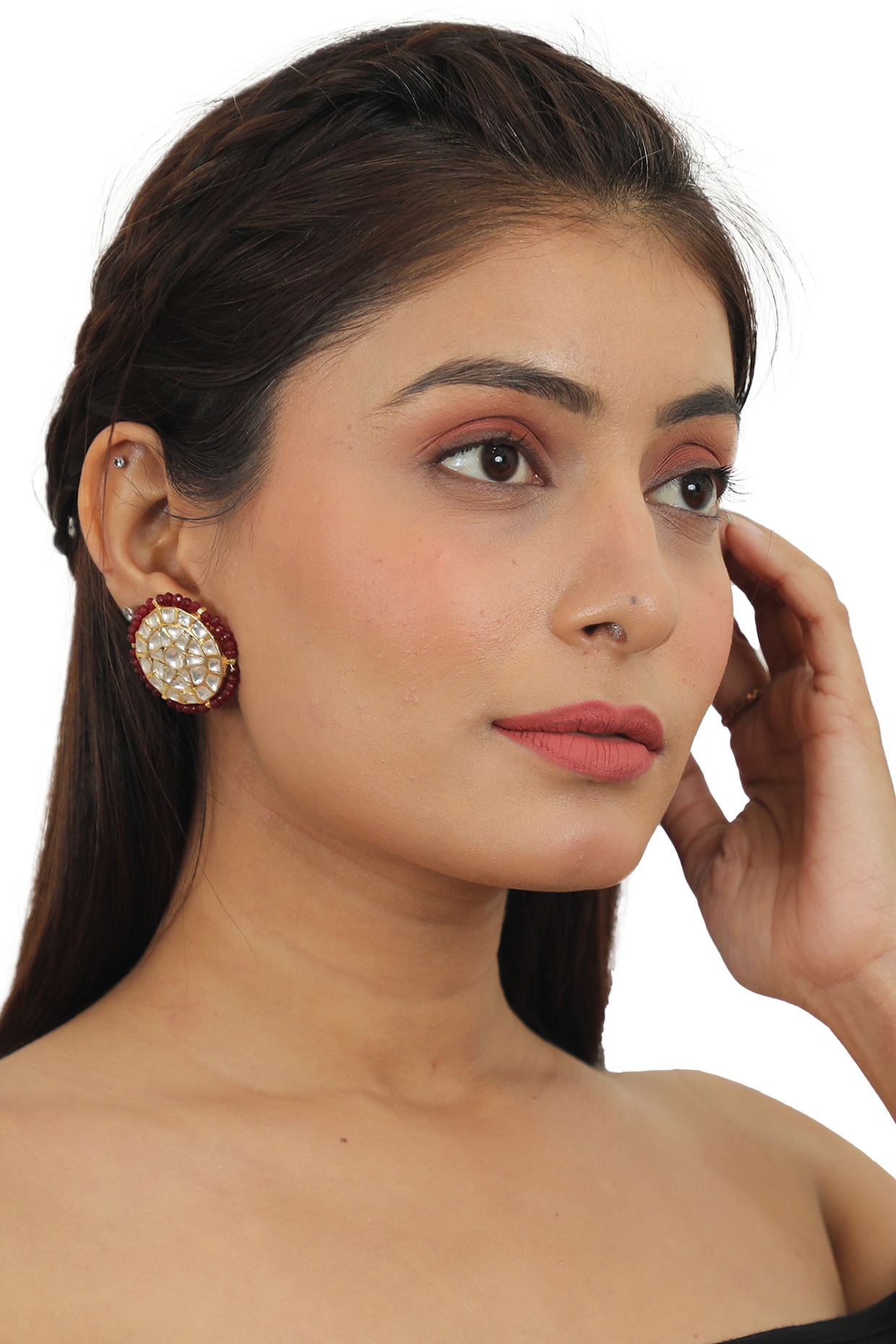 Gold Stud Earrings With Red and Green Bead Drops – Bollywood Wardrobe