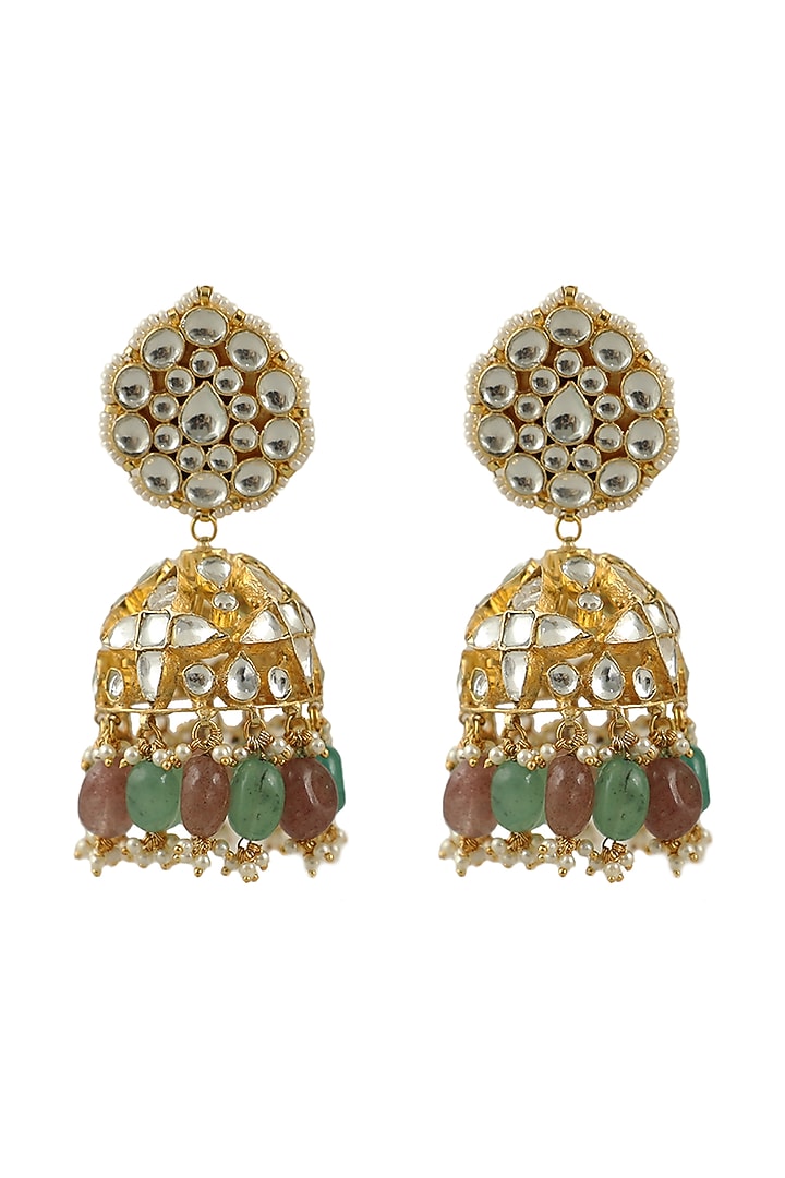 Gold Plated Sea Green & Pastel Pink Beaded Jhumka Earrings by Riana Jewellery at Pernia's Pop Up Shop