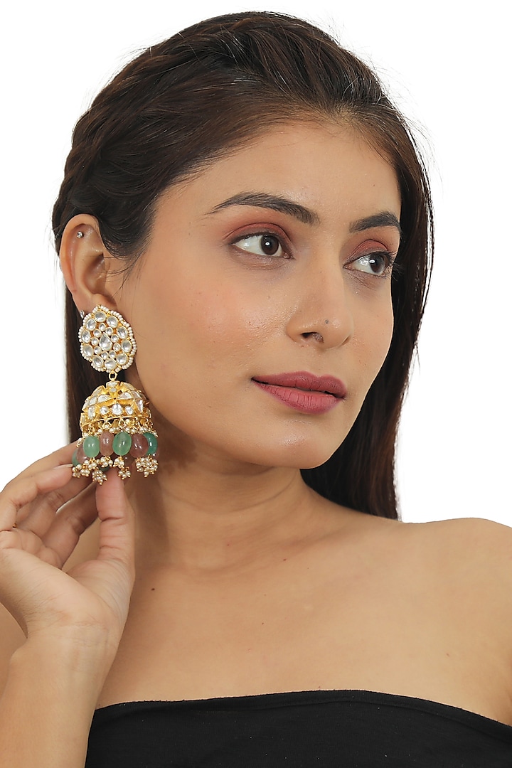 Gold Plated Sea Green & Pastel Pink Beaded Jhumka Earrings by Riana Jewellery